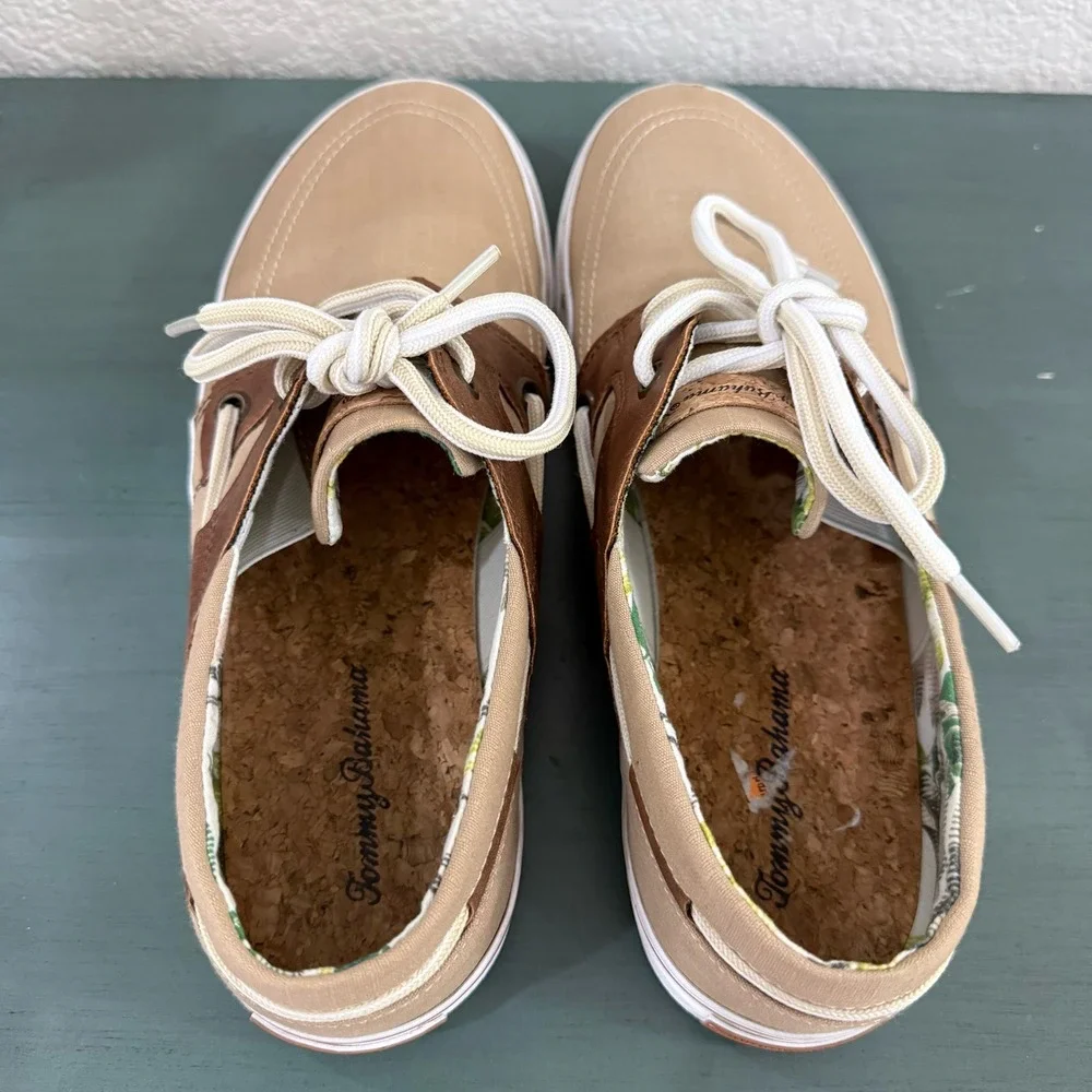 Tommy Bahama Mens Tan Canvas Brown Leather Boat Shoes Lace Up Casual Size‎ 8.5 D